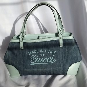 Gucci Denim Craft Shopper Shoulder Bag Mint Blue